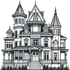 Fototapeta premium This is an image of a detailed black and white illustration of a grand Victorian-style house