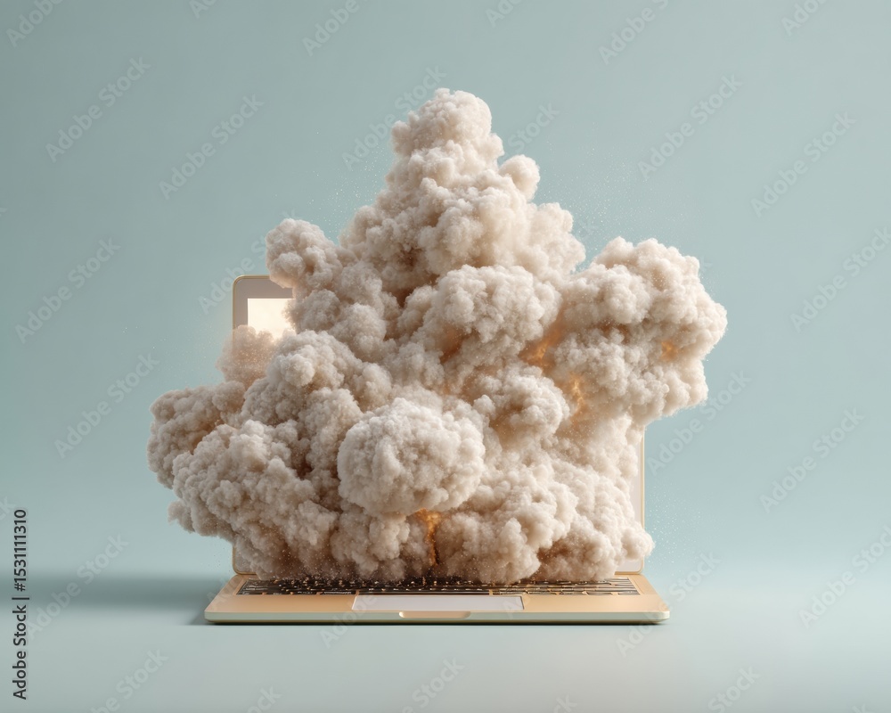 Poster Modern Rocket Launch Concept Exploding from Laptop Screen with Realistic Smoke Clouds Representing Tech Startup Growth and Business Innovation