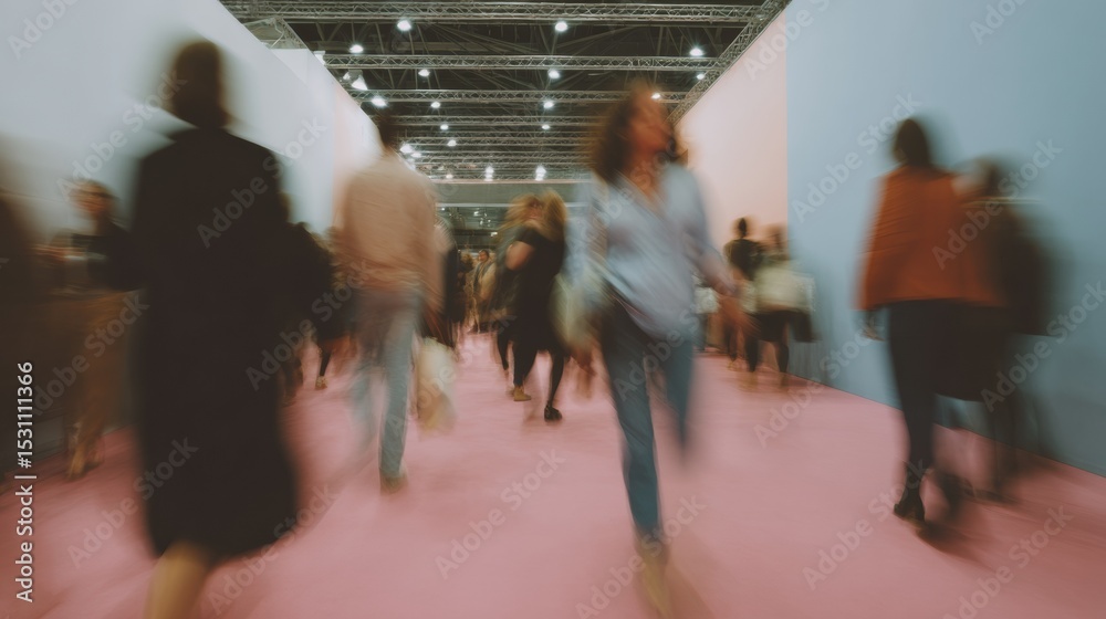 Aufkleber Dynamic Birds-Eye View of Busy Trade Show Floor with Moving Crowds and Modern Structural Ceiling - Business Momentum and Networking Event Scene