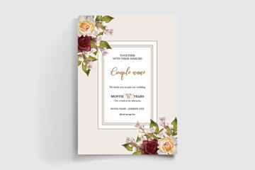 WEDDING INVITATION FRAME WITH FLOWER DECORATIONS AND FRESH LEAVES