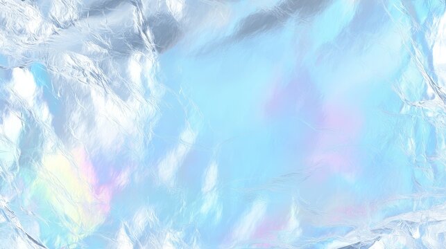 Shiny silver foil texture with soft pastel blue gradient and glossy surface, featuring holographic light reflection, abstract metallic pattern, smooth and elegant iridescent background - Powered by Adobe