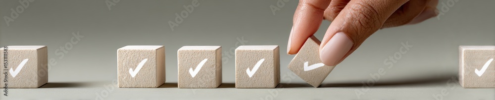Poster Modern Task Management Concept with Hand Arranging Wooden Check Mark Cubes in Minimalist Workspace for Systematic Progress and Productivity