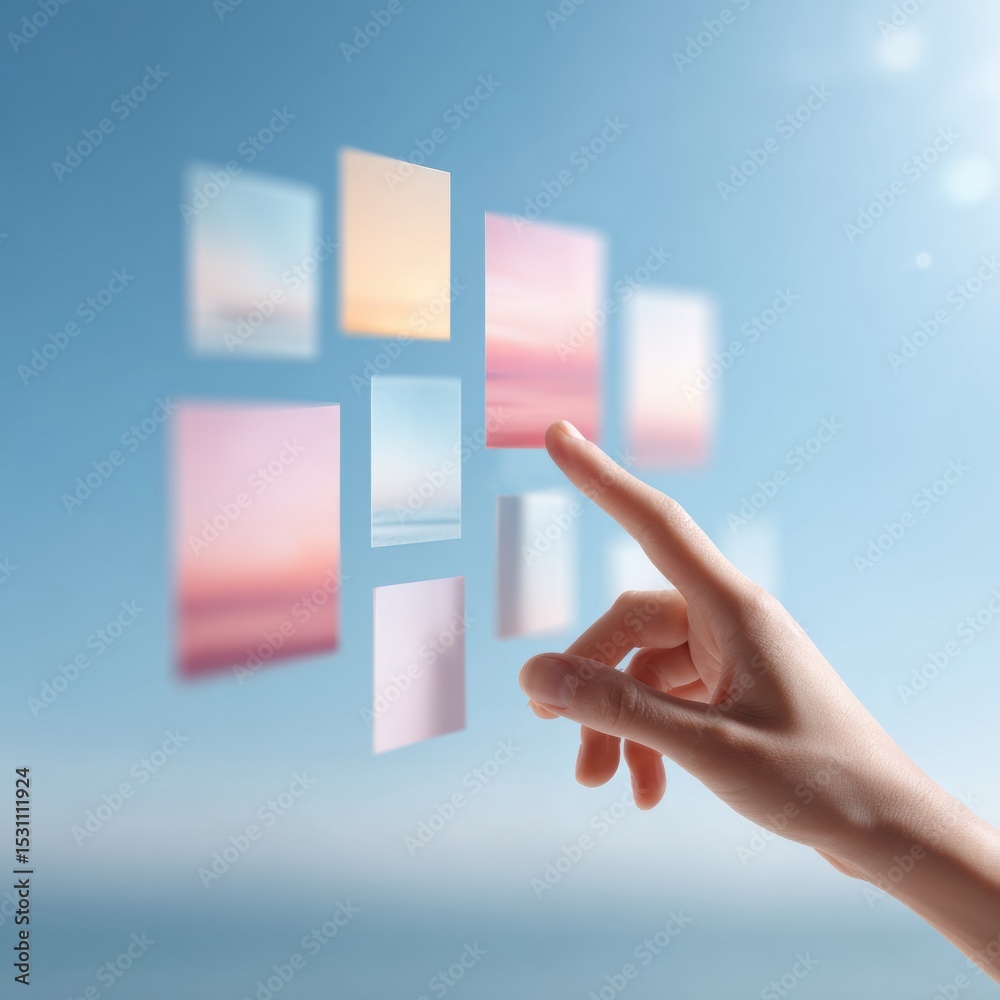 Aufkleber Futuristic Virtual Interface with Hand Interaction and Digital Cards in Soft Pastel Hues for Modern Tech and User Experience Concepts