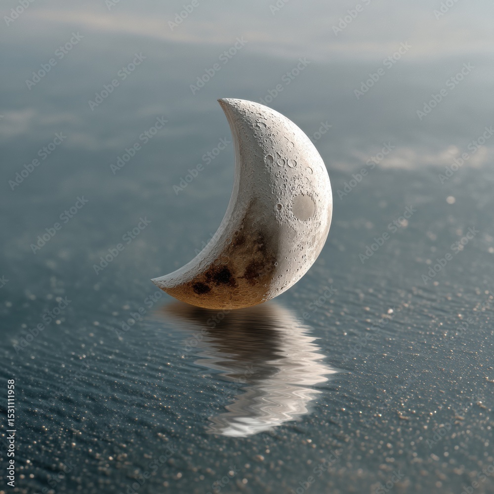 Poster lunar meditation crescent moon reflected on dark ocean surface with gentle ripples for nighttime rel