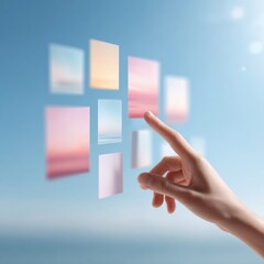 Futuristic Virtual Interface with Hand Interaction and Digital Cards in Soft Pastel Hues for Modern Tech and User Experience Concepts