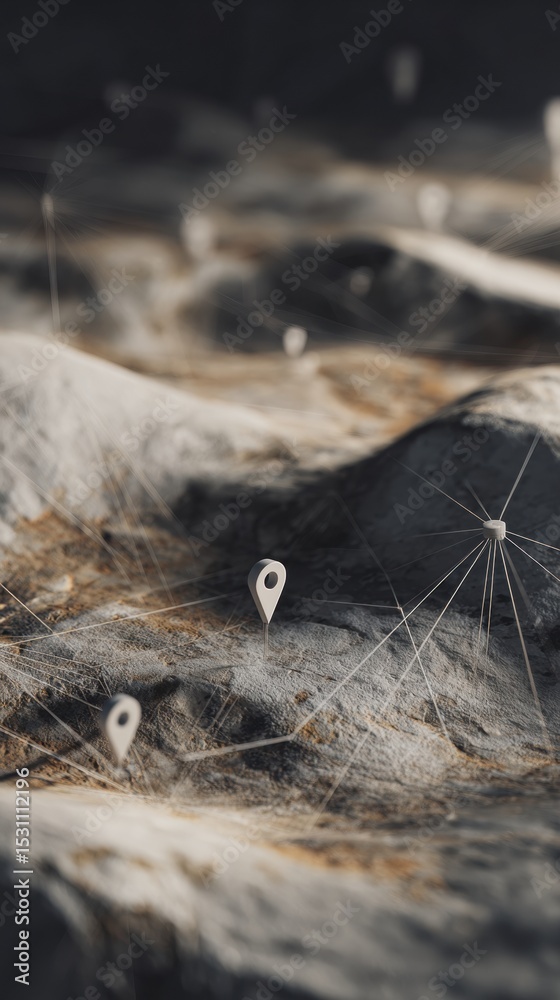 Aufkleber Geospatial Mapping with Location Pins and Network Lines on Terrain for Advanced Geospatial Analysis and Location Intelligence Solutions in Tech Innovation