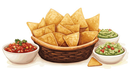 Basket of tortilla chips with bowls of salsa and guacamole vector isolated on a white background