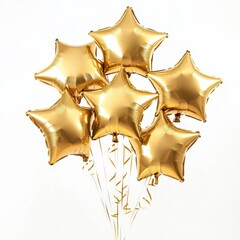 A cluster of gold star-shaped balloons with festive ribbons on a white background, symbolizing celebration. Happy birthday.