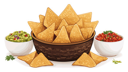 Basket of tortilla chips with bowls of salsa and guacamole vector isolated on a white background