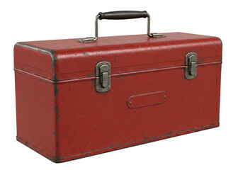 Isolated Weathered Red Metal Toolbox with Handle and Latches