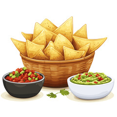 Basket of tortilla chips with bowls of salsa and guacamole vector isolated on a white background