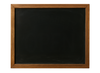 A wooden framed blackboard with no writing on it. The blackboard is empty and has a simple, minimalist design