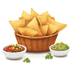 Basket of tortilla chips with bowls of salsa and guacamole vector isolated on a white background