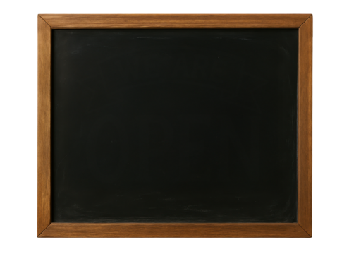 A wooden framed blackboard with no writing on it. The blackboard is empty and has a simple, minimalist design