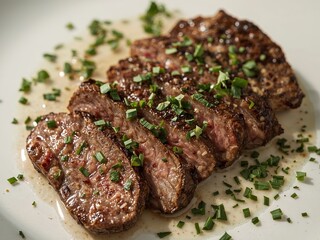 Sliced Grilled Steak with Herb Garnish on a White Plate, CloseUp Detail.
