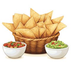 Basket of tortilla chips with bowls of salsa and guacamole vector isolated on a white background