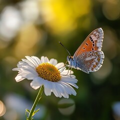 Fototapeta premium Beautiful butterfly on a daisy flower in nature outdoors close up macro in spring or summer.