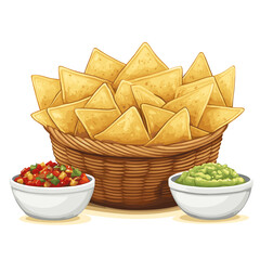 Basket of tortilla chips with bowls of salsa and guacamole vector isolated on a white background