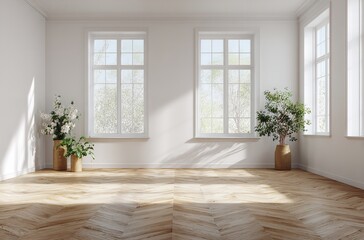 Bright empty room interior design with wooden floor and white walls for home staging and real estate
