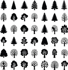 Black tree and flower silhouette vector set with floral decorative elements