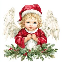 Christmas watercolor painting design of a child like angel with wings