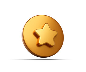 3D Golden button with a star at its center, floating on a white background. 3d illustration