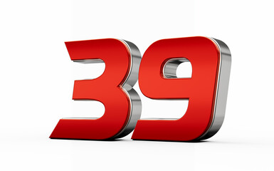 Metallic Red number 39 Thirty nine with silver edges stands on a white background. 3d illustration