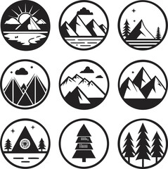 A collection of black and white circular logos featuring various minimalist mountain and forest landscapes, ideal for outdoor branding or emblems