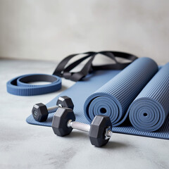 Workout Essentials: A detailed shot of a minimalist yoga mat setting, dumbbells, resistance bands, and straps with rolled-up yoga mats. Representing a dedication to fitness.