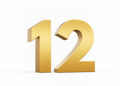 3D Golden number 12 Twelve isolated on white background, 3d illustration
