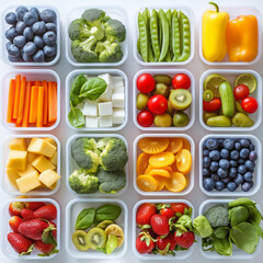 Colorful Fresh Food: A vibrant and appetizing display of fresh, colorful fruits and vegetables, neatly arranged in clear containers, inviting a healthy and balanced eating. 