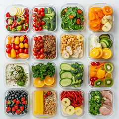 A Culinary Mosaic of Freshness: An eye-level shot captures an array of transparent containers each artfully filled with a vibrant selection of fresh, healthy.