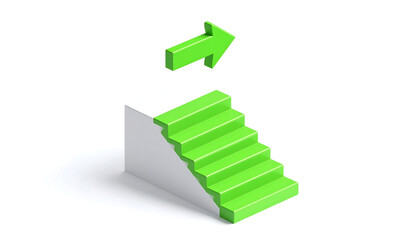 Cute isometric 3D of a Bright color a green Direction arrow sign above a stairway