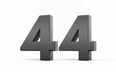 Sleek metallic Black number 44 Forty four standing on a white background, 3d illustration
