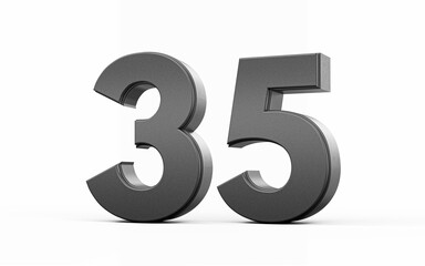 Sleek, metallic Black number 35 Thirty five standing on a white background, 3d illustration
