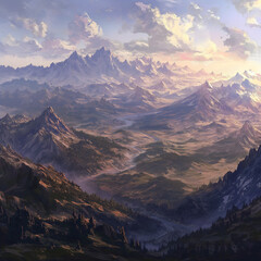  Majestic Mountain Panorama: Capturing the vastness and beauty of the towering peaks, the image showcases the serene beauty of the landscape with soft clouds above.
