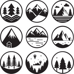 A collection of black and white circular logos featuring various minimalist mountain and forest landscapes, ideal for outdoor branding or emblems