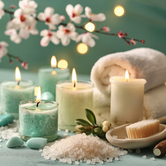 Serenity Spa: A tranquil spa arrangement with lit candles casting a warm glow, inviting relaxation amidst a backdrop of soothing colors.