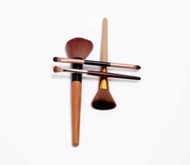 Set of assorted makeup brushes with sleek handles and soft bristles, isolated on a white background.