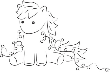 cute little pony funny sitting and holding christmas garland in mouth, front view, simple hand drawn illustration, painted with a black brush