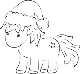 cute little pony in christmas hat standing, side view, simple hand drawn illustration, painted with a black brush