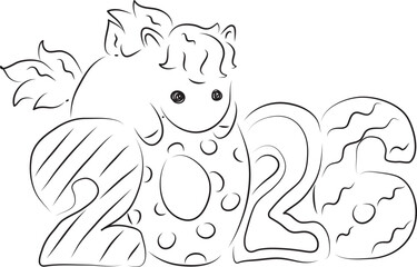 cute little pony climbed on the numbers 2026, New Year character, symbol of the year, simple hand drawn illustration, painted with a black brush
