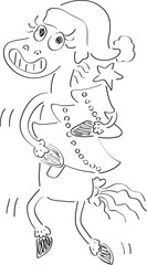 funny cute horse in a New Year's hat smiles and holds a New Year's Christmas tree in his hands, symbol of the year 2026, simple hand drawn illustration, painted with a black brush