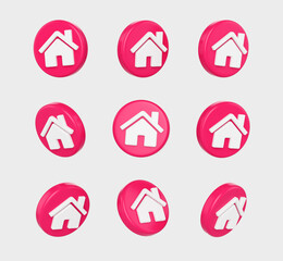 3D Home icons on a Pink circular base ideal for apps or home-related projects. 3d illustration