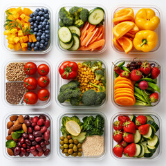 A Rainbow of Nutritious Delights: A vibrant top-down view captures an assortment of neatly arranged glass containers brimming with fresh, colorful fruits, vegetables, and seeds.