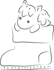 cute little pony sits in a big ugg boot, simple hand drawn illustration, painted with a black brush
