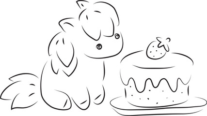cute little pony sitting and looking at strawberry cake, simple hand drawn illustration, painted with a black brush