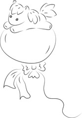 cute little pony lies and flies on a big balloon, simple hand drawn illustration, painted with a black brush