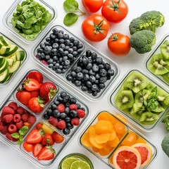 Healthy Meal Prep: A vibrant collection of fresh fruits and vegetables neatly arranged in glass meal prep containers, showcasing a healthy and balanced diet.