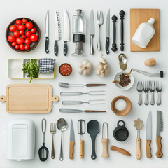 Culinary Symphony: An array of culinary tools and ingredients arranged harmoniously, showcasing the art of cooking, with fresh tomatoes, herbs, and essential utensils.